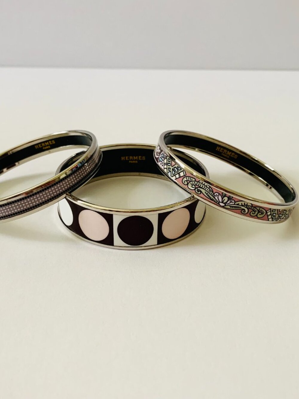 Hermes Dot Geo Enamel Bracelet 3pc Stack Set 65 PM Bangle Austria Palladium